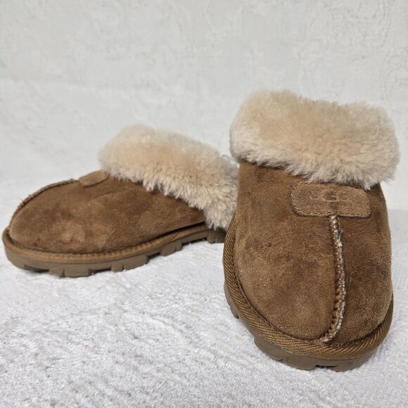 UGG Coquette Slippers Tan Brown Slip On Suede Sheepskin Fur Cozy House Shoe 6 - Picture 1 of 9